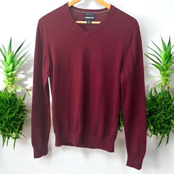 Lands' End Men's Burgundy Sweater size small v neck long sleeve sweater Pima - Picture 1 of 6